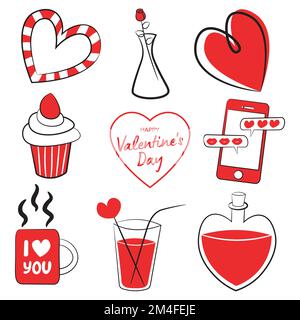 set of happy valentines day elements, candy, rose, heart, cake, cup of coffee, elixir bottle, love letters and cocktail Stock Vector