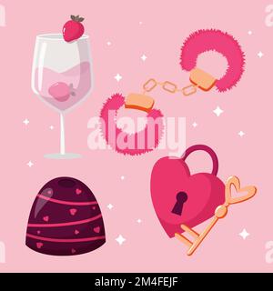 cute cartoon valentines day elements pink fur handcuffs heart lock and key wine glass with cupcake and chocolate candy Stock Vector