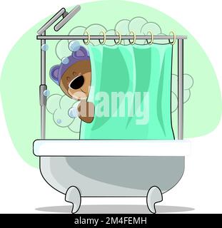 Cute teddy bear takes a shower in his bathtub and blows bubbles Stock Vector