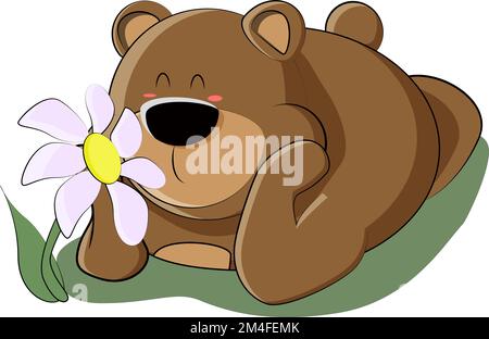 in the clearing, the bear cub decided to smell the flowers and relax Stock Vector