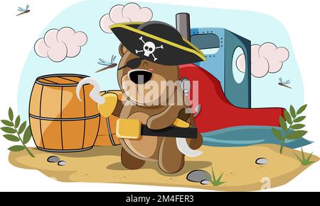 A cute pirate bear came ashore to try selected rum in barrels Stock Vector