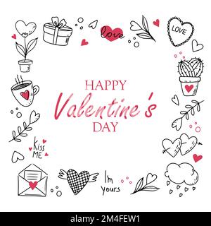 set of doodle valentines day elements and text happy valentines day Stock Vector