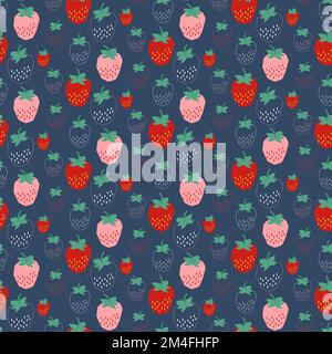 Pattern with strawberries on a blue background. Modern fruity print. Vector illustration in flat design style. Stock Vector