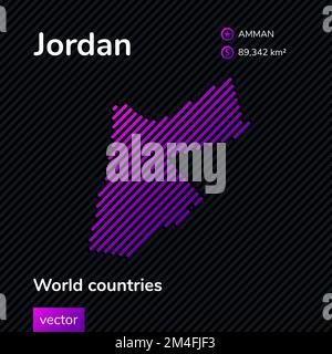 Vector flat map of Jordan with violet, purple, pink striped texture on black background. Educational banner, poster about Jordan Stock Vector