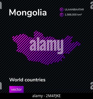 Vector flat map of Mongolia with violet, purple, pink striped texture on black background. Educational banner, poster about Mongolia Stock Vector