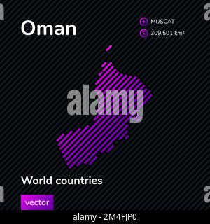 Map of Oman. Vector creative digital neon flat abstract simple map with violet, purple, pink striped texture on black background. Educational banner, Stock Vector