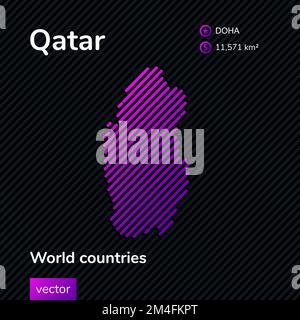 Map of Qatar. Vector creative digital neon map with violet, purple, pink striped texture on black background. Educational banner, poster about Qatar Stock Vector