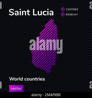 Map of Saint Lucia. Vector creative digital neon flat map with violet, purple, pink striped texture on black background. Educational banner, poster about Saint Lucia Stock Vector