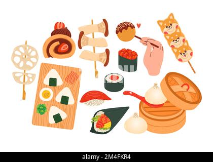 Set of Japanese Food. Vector for stickers, postcards, notebook. japanese cafe, bar, restaurant Stock Vector