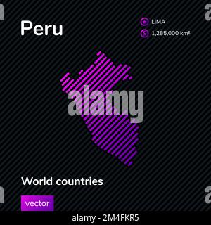 Map of Peru. Vector flat map with violet, purple, pink striped texture on black background. Educational banner, poster about Peru Stock Vector