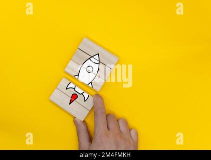 Rocket picture on wooden block just before departure Stock Photo