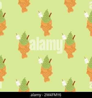 Matcha ice cream seamless pattern on green matcha background, vector for wallpapers, notebooks Stock Vector