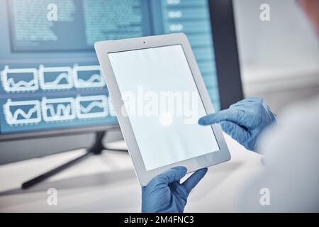 Doctor, science or hands on tablet with mockup space for marketing, advertising or product placement in a laboratory. Zoom, digital or scientist Stock Photo