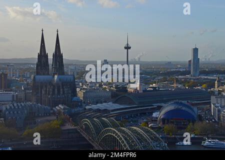 An aerial view of the Hohenzollern Bridge, Cologne Cathedral and entrance to Cologne HBF Station, Cologne, Germany Stock Photo