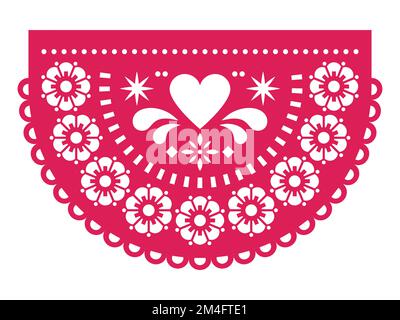 Valentine's Day paper cutout decoration Papel Picado vector half circle design with heart and flowers, Mexican party garland Stock Vector