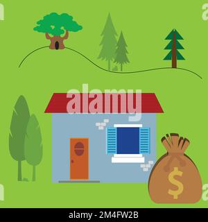 House in nature and a sack with dollar symbol on it, property value concept Stock Vector