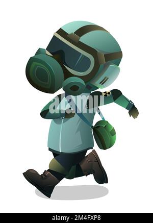 Man in gas mask running and looking. Character in chemical protection against radioactive dust. Cartoon person post-apocalypse. Radiation and behavior Stock Vector