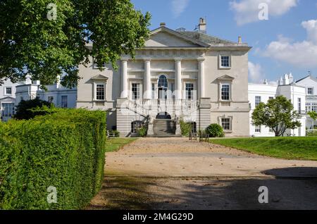Facade of the historic White Lodge, home to the Royal Ballet Lower School in Richmond Park, West London.  Built for King George I, the Palladian style Stock Photo