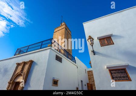 Islamic minaret in a white town, Rabat, Morocco Stock Photo