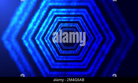 Hexagonal tunnel with depth of field. Abstract futuristic tunnel with neon light. Glowing particles honeycomb shapes. Vector illustration. Stock Vector