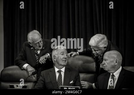 United States Representative Bill Pascrell (Democrat of New Jersey), left, House Ways and Means Committee Chairman United States Representative Richard Neal (Democrat of Massachusetts), second from left, House Ways and Means Ranking Member United States Representative Kevin Brady (Republican of Texas), second from right, and United States Representative John B. Larson (Democrat of Connecticut), right, chat during a House Committee on Ways and Means business meeting regarding âConsideration of Documents protected under Internal Revenue Code section 6103â in the Longworth House Office Buildi Stock Photo