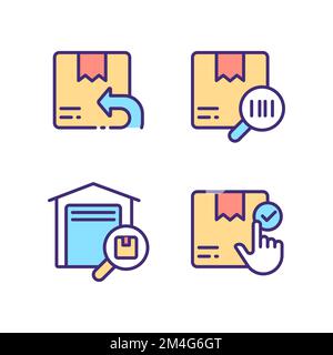 Parcels management pixel perfect RGB color icons set Stock Vector