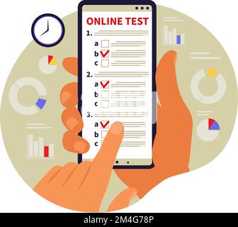 Concept online testing, e-learning, examination on phone. Vector illustration. Flat Stock Vector