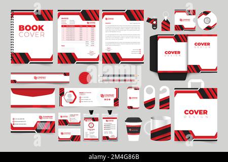 Corporate brand identity template design with abstract shapes. Business brand promotional layout vector with dark and red colors. Business and office Stock Vector