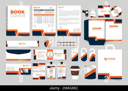 Business stationery and branding design with orange and black colors. Fashion brand promotion template with creative shapes. Corporate brand identity Stock Vector