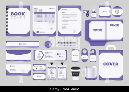 Office Stationery template design with creative purple shapes. Modern brand promotion template set for marketing. Brand identity design collection for Stock Vector