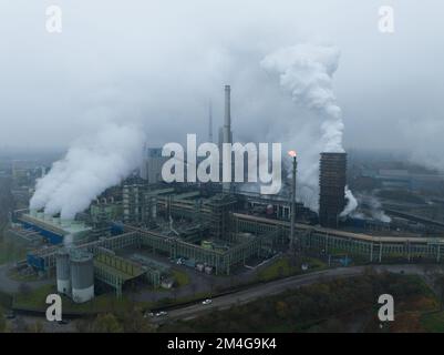 Ruhr area, Heavy industrial area near Dusseldorf. Coal mines, blast furnaces, steel mills, German industrial engineering and steel production. Aerial Stock Photo