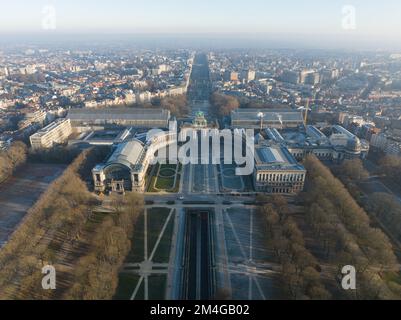 Brussels, 17th of December 2022, Belgium. Jubelpark, Park of the Fiftieth Anniversary. Urban monumental park, aerial drone overhead city skyline view Stock Photo