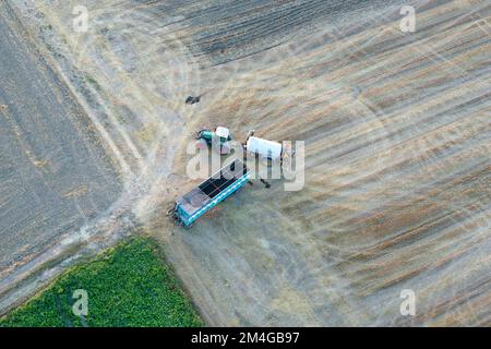 agricultural engines in a field, aerial view, Belgium, Antwerp, Linkeroever Stock Photo