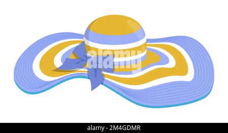 Striped round women hat with wide brim and bright decorative bow. Summer headwear for beach holiday. Cartoon vector isolated on white background Stock Vector