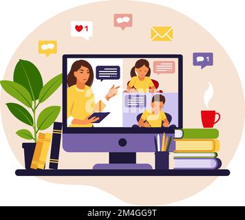 Online learning concept. Online class. Teacher at chalkboard, video lesson. Distance study at school. Vector illustration. Flat style. Stock Vector