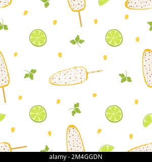 Seamless pattern with elote dish. Traditional Mexican food, folk cuisine. Vector background with grilled corn Stock Vector