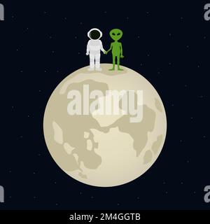 Meeting of astronaut and alien on moon. Vector illustration. Stock Vector