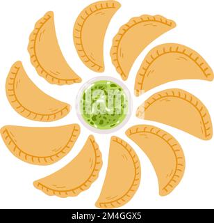 Empanadas in cartoon flat style. Hand drawn vector illustration of traditional Latino America food, folk cuisine Stock Vector