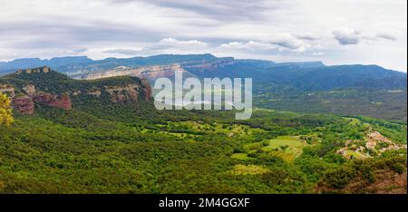 Great aerial panoramic view of Las Guillerias with the Sau reservoir, the Collsacabra cliffs. Guilleries Natural Park, Catalonia, Spain Stock Photo