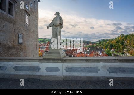 Saint Felix of Cantalice Statue at Cloak Bridge of Cesky Krumlov Castle and city aerial view - Cesky Krumlov, Czech Republic Stock Photo