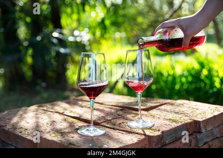 Woman pouring red wine chkhaveri into a glass for wine tasting on a beautiful Menabde Winery near Ozurgeti city in Guria region in Georgia Stock Photo