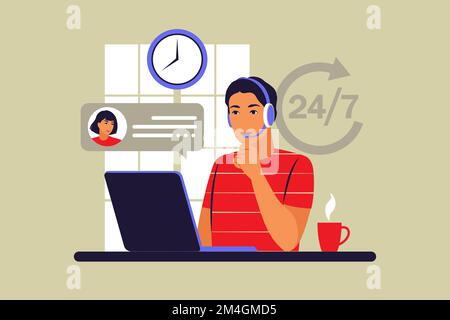 Contact us. Man with headphones and microphone with computer. Concept support, assistance, call center. Vector illustration. Flat style. Stock Vector