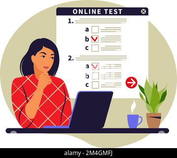 Concept online testing, e-learning, examination on computer. Vector illustration. Flat Stock Vector