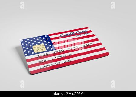 Credit card showing the national flag of the USA on white background. Illustration of the concept of American consumer behaviour and credit card issue Stock Photo