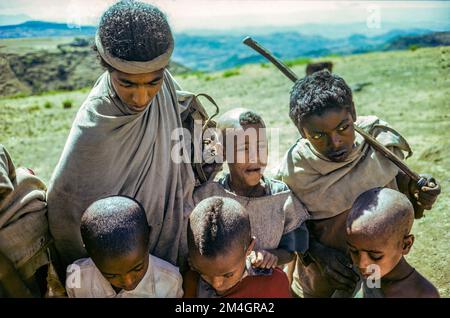 Ethiopia, 1970s, Lalibela, woman with 5 children, Amhara region, East Africa, Stock Photo