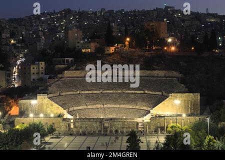 View over the Roman Theatre at night, Hashemite Plaza, Amman City, Jordan, Middle East Stock Photo