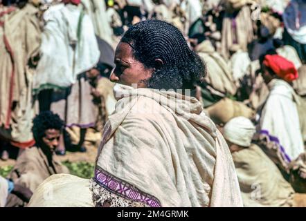 Ethiopia, 1970s, Lalibela market, middle aged woman portrait with braided hair style, Amhara region, East Africa, Stock Photo