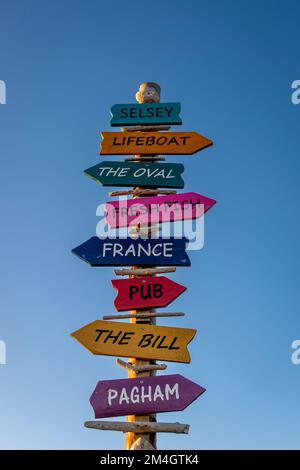Painted sign at Selsey Bill in West Sussex, UK. Humorous signs. Stock Photo