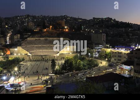 View over the Roman Theatre at night, Hashemite Plaza, Amman City, Jordan, Middle East Stock Photo