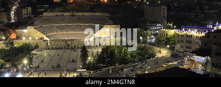 View over the Roman Theatre at night, Hashemite Plaza, Amman City, Jordan, Middle East Stock Photo